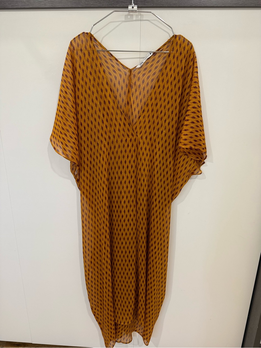 Zara Mustard Yellow and Burgundy Patterned V-Neck Kaftan